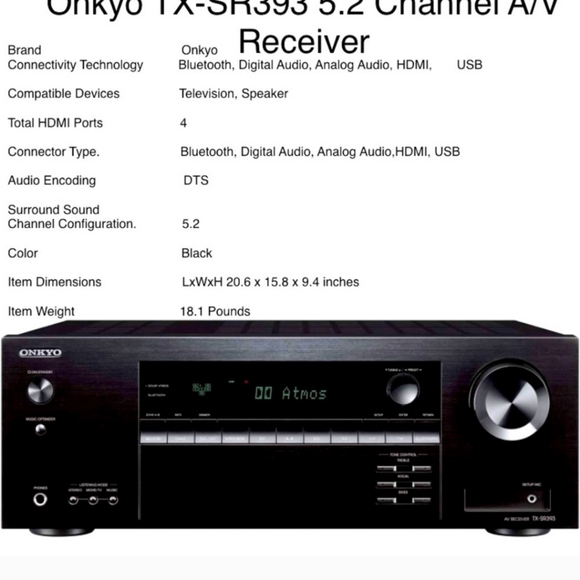Onkyo TX-SR373 5.2 Channel Bluetooth AV Home Theater Receiver Tested Working - Picture 2 of 11
